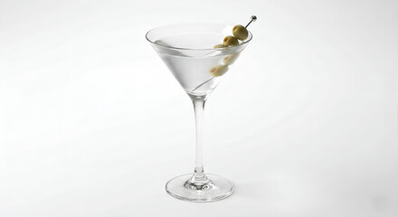 Classic dry martini cocktail with green olives garnish in elegant glass