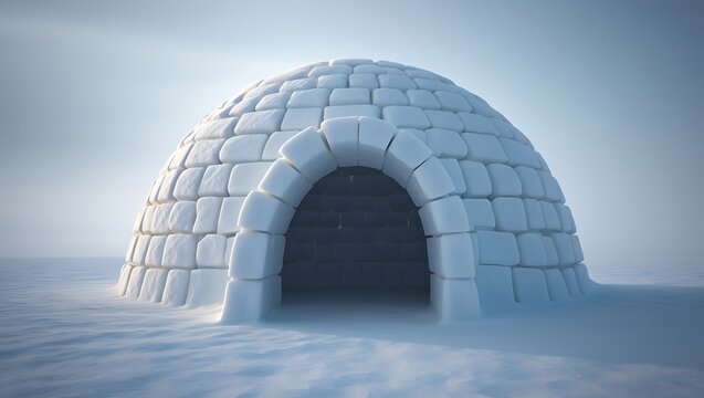 Snow house in frozen arctic landscape under cloudy sky.