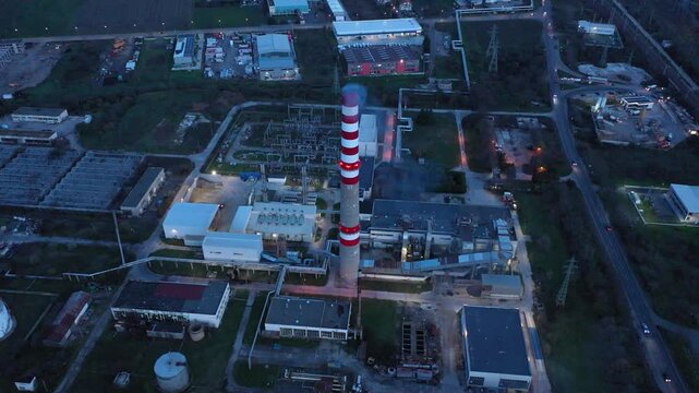 Aerial drone view to district heating on Burgas, Bulgaria evening