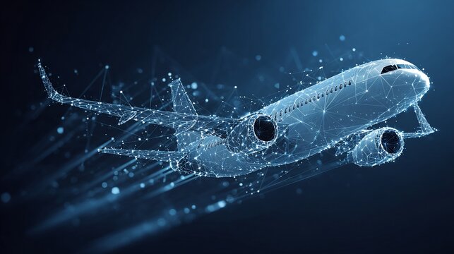 Digital airplane concept flies against a dark background representing data visualization, used for tech