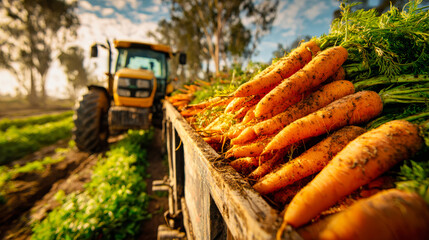 A yellow tractor pulls a trailer filled with carrots, highlighting the fresh harvest against a warm, sunlit backdrop in a rustic farm field