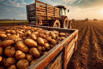 A tractor pulls a trailer filled with freshly harvested potatoes, basking in warm sunlight across an expansive field at dusk
