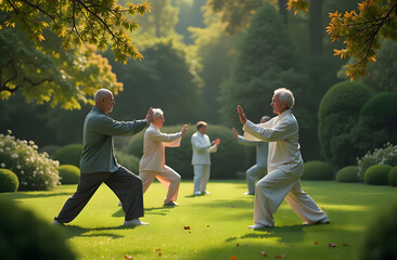 Outdoor tai chi practice by friends in tranquil garden, promoting relaxation, fitness, and mindful living in nature’s embrace