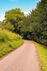 Empty lane through a wooded area in the countryside in the UK. No people