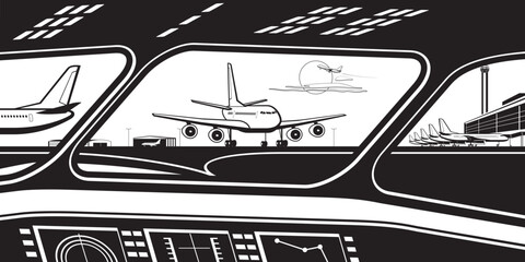 View to airport terminal from the cockpit of the plane &ndash; vector illustration