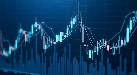 Digital financial stock market chart with rising and falling candlestick bars, representing business data, investment analysis, and economic growth