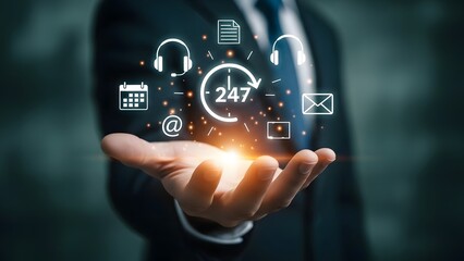 Businessman presenting 24 7 customer support and communication services with modern technology