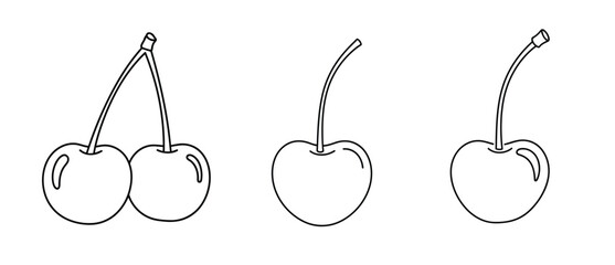 Three distinct line art drawings of cherries, showcasing variations in stem and cluster arrangement, presented on a clean white backdrop.