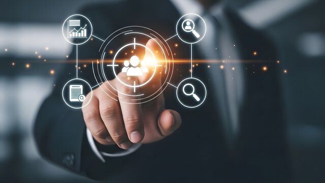 Businessman interacting with digital interface representing technology and business solutions