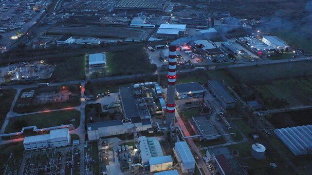 Aerial drone view to district heating on Burgas, Bulgaria evening