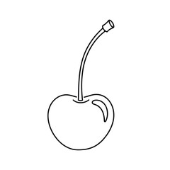 Simple black and white line drawing of a single cherry with stem