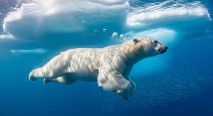 Obraz premium Underwater Polar Bear Swims Arctic Iceberg Fish.