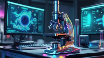 Modern Laboratory Microscope and Computer Screens Displaying Scientific Data.