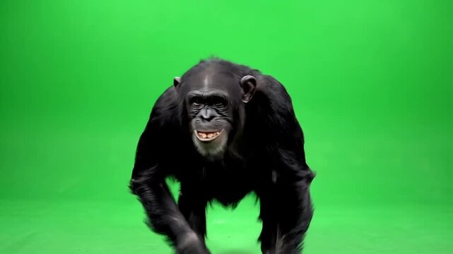 Curious chimpanzee walks forward on vibrant green screen background
