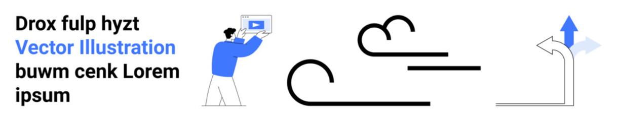 Man holding laptop with screen displayed, cloud-shaped elements representing data or technology, and road sign with blue arrow symbolizing direction. Ideal for business, technology, navigation