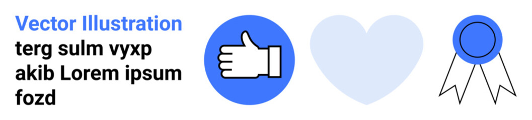 Approval, recognition, achievement, feedback, social media, online engagement. Blue thumbs-up icon, heart shape and ribbon badge symbols. Approval and recognition in digital interactions concept