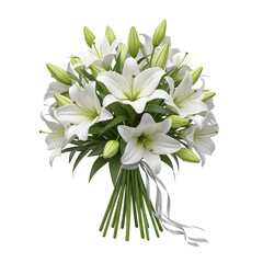 “White Lily Bouquet Arrangement – Elegant Studio Floral Still Life with Green Foliage”


