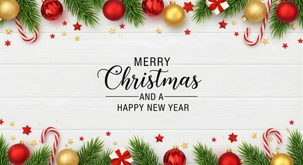 Festive Christmas Decoration Border with Ornaments and Evergreen Branches on White Wood