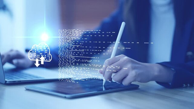 Document Management System DMS cloud computing Artificial Intelligence AI learning, Developer training a machine learning model cloud-based data documents stored on a secure cloud network.