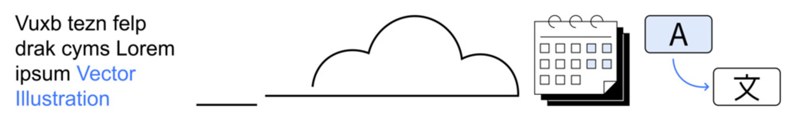 Cloud computing, language translation, scheduling tools, digital organization, global communication, productivity apps. Cloud graphic, calendar icon translation symbols. Cloud computing and language