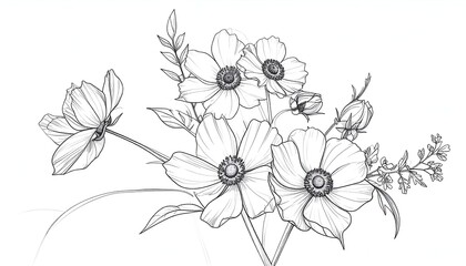 Delicate pencil sketch of blooming flowers with detailed petals and buds, on white