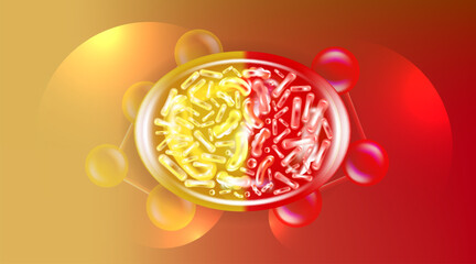 Probiotic and Hyaluronic acid skin solutions ad, gold and red collagen, and vitamin serum drops with cosmetic advertising background ready to use illustration vector.	