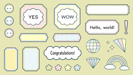 Colorful scrapbook elements including labels speech bubbles and decorative icons