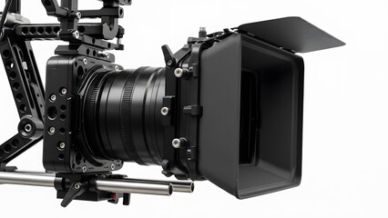 Cinema Camera: A close-up shot of a professional cinema camera, showcasing its intricate details and robust build, perfect for capturing high-quality cinematic footage.