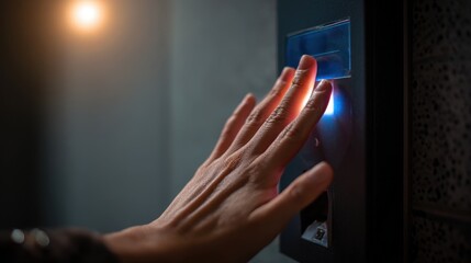 Medium shot focusing on a hand pressed against a palm scanner highlighting innovative palm vein authentication for enhanced building entry security.