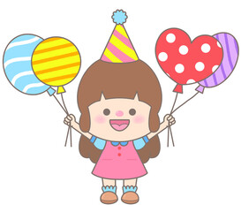 little girl wearing party hat holding balloons