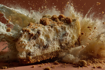 Fototapeta premium Close up of a cheesecake slice breaking apart in mid air with crumbs and creamy filling exploding in a dramatic splash, dynamic dessert concept for food advertising and branding