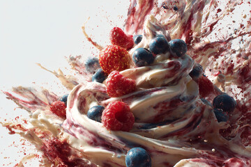Dynamic swirl of creamy yogurt with fresh raspberries and blueberries splashing in all directions, vibrant slow motion style shot for healthy food, breakfast and dairy advertising