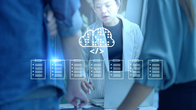 Document Management System DMS cloud computing Artificial Intelligence AI learning, Developer training a machine learning model cloud-based data documents stored on a secure cloud network.