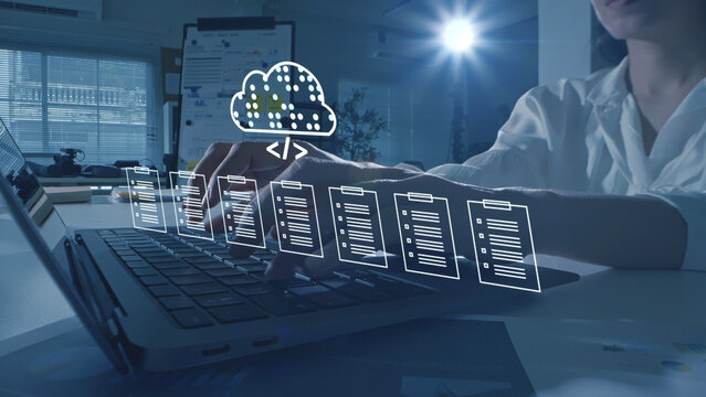 Document Management System DMS cloud computing Artificial Intelligence AI learning, Developer training a machine learning model cloud-based data documents stored on a secure cloud network.