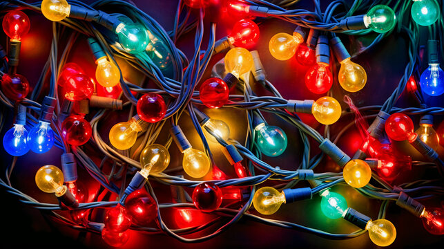A vibrant tangle of colorful christmas lights in red blue green and yellow creates a festive and celebratory background - Powered by Adobe