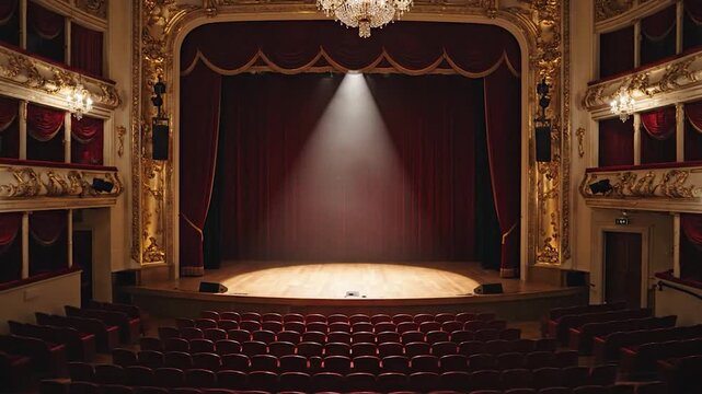 Empty Theater Stage with Spotlight and Red Velvet Seats.
