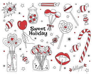 Candy and lollipop icons set. Sweet holiday. Hand drawn coffees, sweets, treats, and desserts. Cute doodles for birthday, Christmas and Valentine's Day. Vector illustration