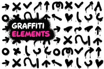 A collection of diverse black graffiti elements and spray paint designs