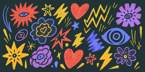 Colorful hand drawn doodles of stars hearts flowers and eyes on dark background