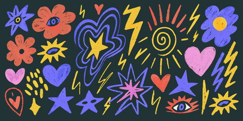 A colorful doodle pattern featuring flowers hearts stars and abstract shapes