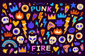 A vibrant and chaotic collection of punk and fire themed doodle illustrations