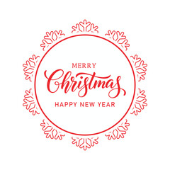 Minimalist Merry Christmas and Happy New Year greeting card with red hand-lettered typography inside circular snowflake frame on white background, elegant festive winter holiday design for invitations