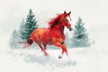 Watercolor New Year's illustration, symbol of 2026: a red fiery horse running through a snowy forest. Chinese New Year. AI generative.