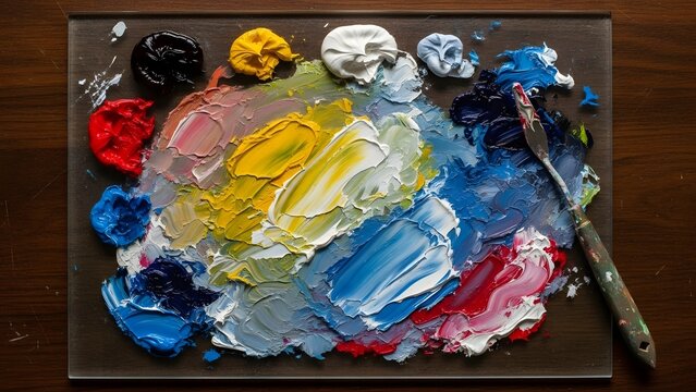 Vibrant palette with oil paints ready for artistic expression and creative projects, perfect for art education or colorful design backgrounds