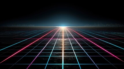 A retro-futuristic synthwave landscape with a glowing neon grid leading to the horizon.


