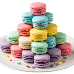 "Colorful Macaron Tower - Stack of Pastel French Macarons on White Background"