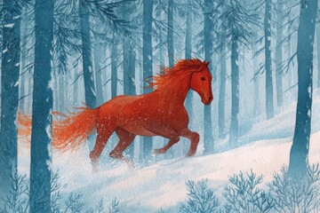 Watercolor New Year's illustration, symbol of 2026: a red fiery horse running through a snowy forest. Chinese New Year. AI generative.