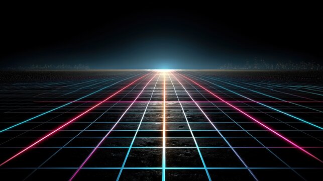 A retro-futuristic synthwave landscape with a glowing neon grid leading to the horizon.

