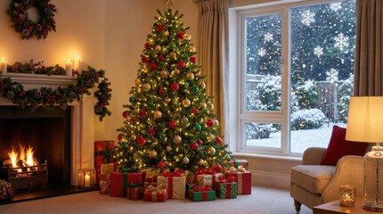 Cozy Christmas Living Room with Decorated Tree, Fireplace, and Snowy Window View