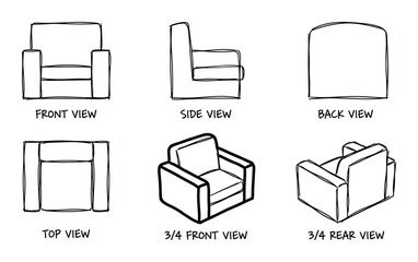 Armchair set in different angles. Furniture illustration collection. Doodle style chair views.